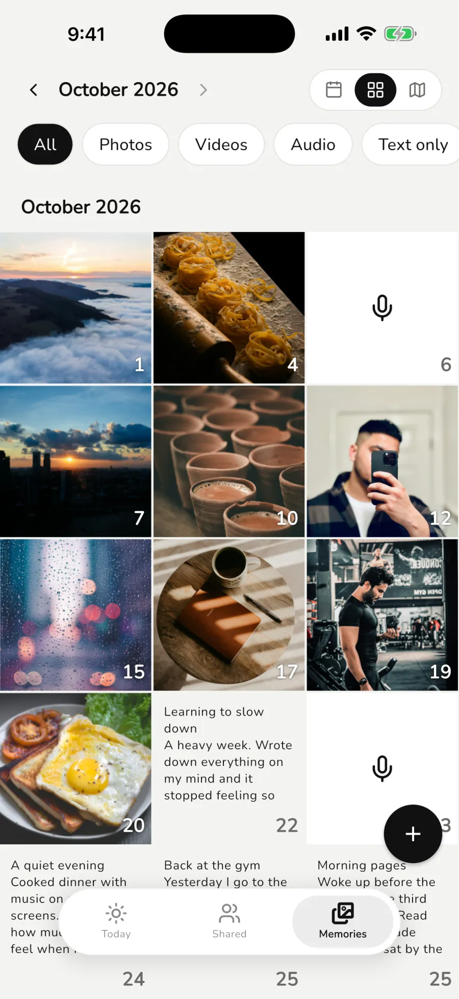 WOYM Memories tab showing a month of photos, voice notes and writing as a grid