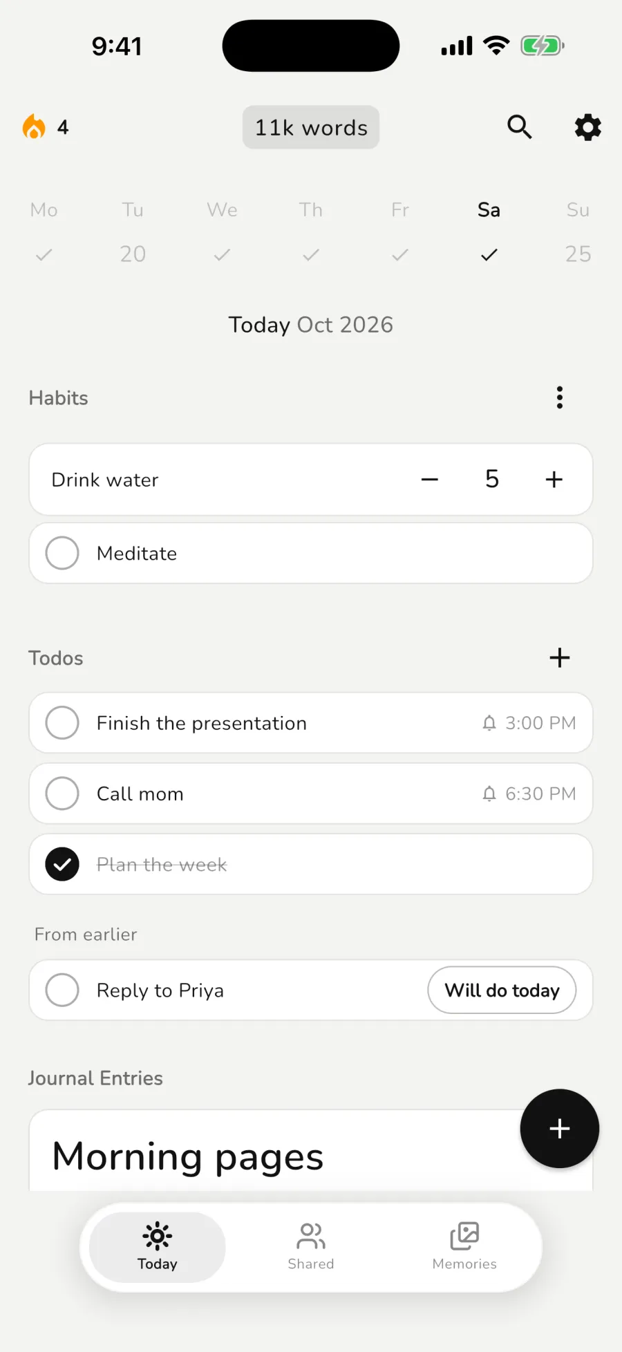 WOYM Today screen with habits, todos and the day's journal entries