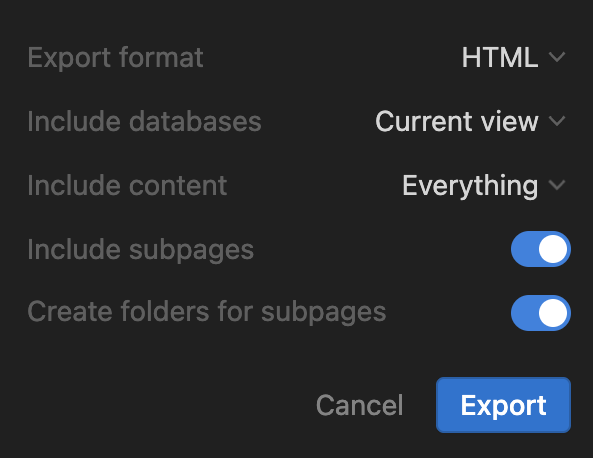 Notion export settings: Export format HTML, Include subpages on, Create folders for subpages on